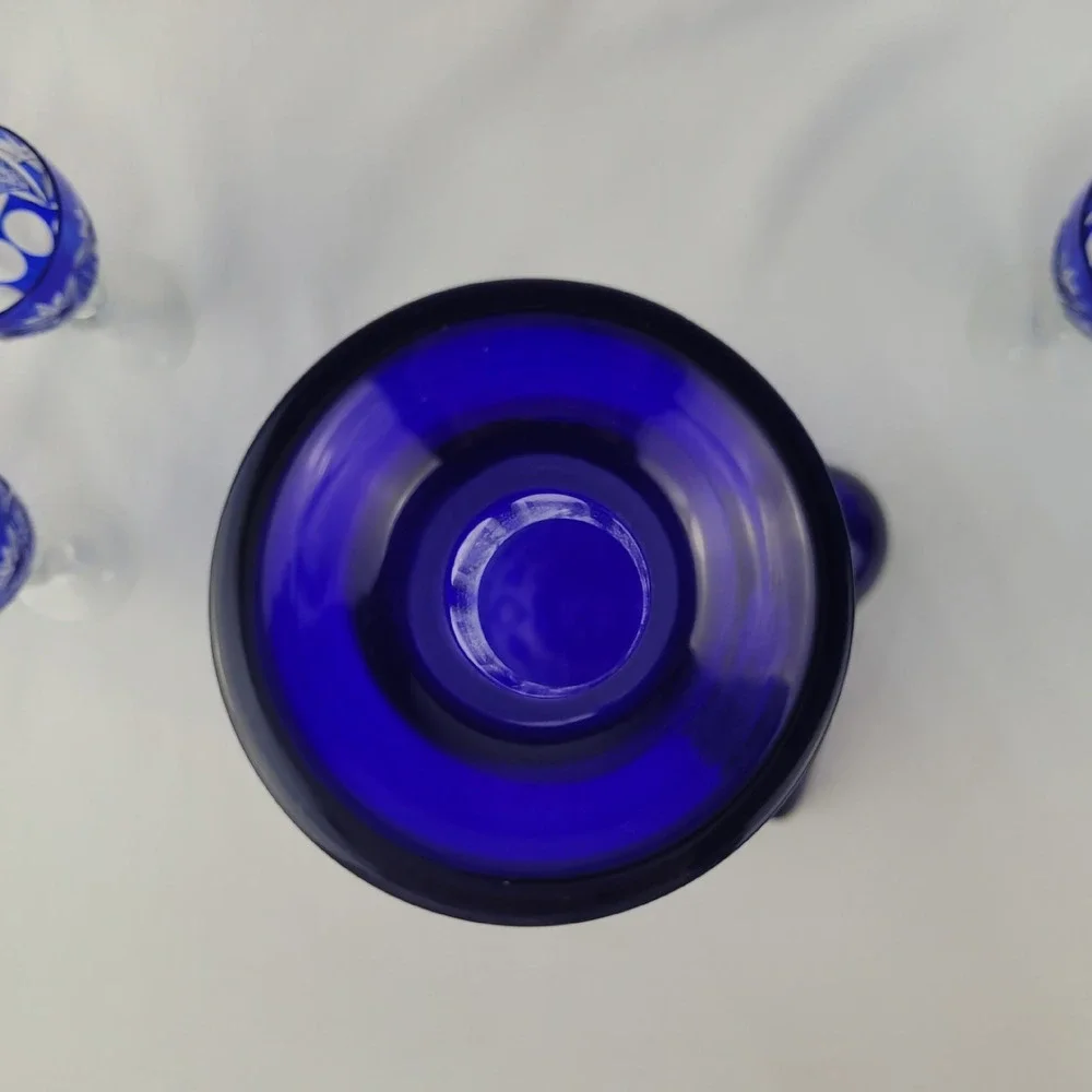 Vintage Bohemian Cobalt Blue Cut to Clear Crystal Decanter 5 Cordial Glasses Set